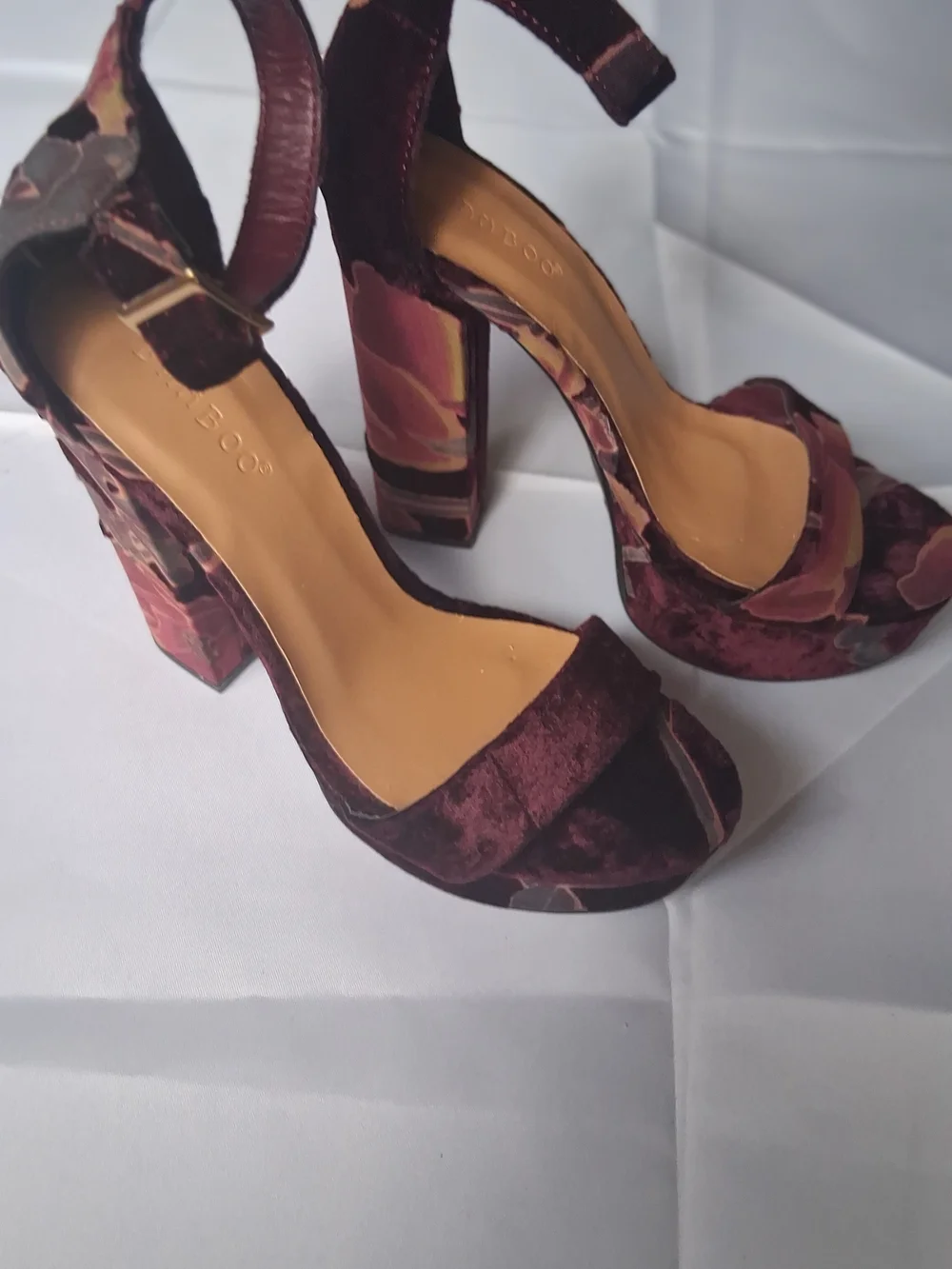 BAMBOO Burgundy Velvet Platform Block Heel Sandals with Floral Accent